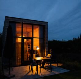 outside tiny house at night