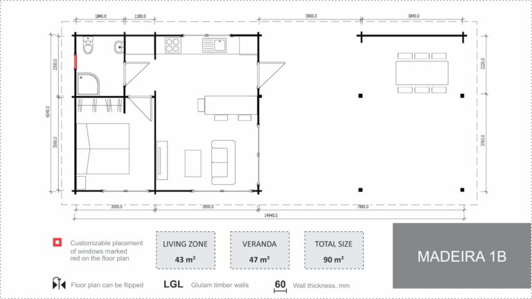 90m² granny flat floor plan